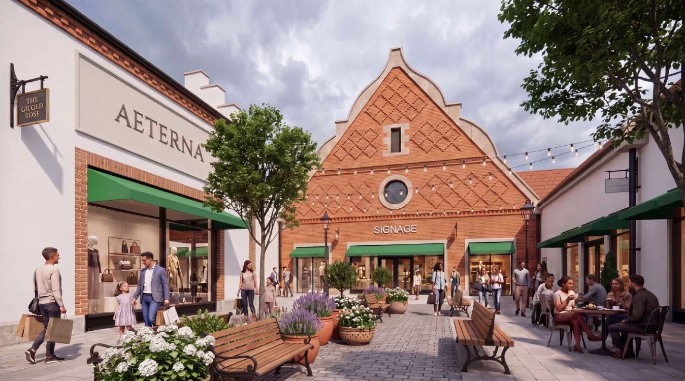 Proposed Grantham Designer Outlet Village anchor building overlooking a landscaped shopping street