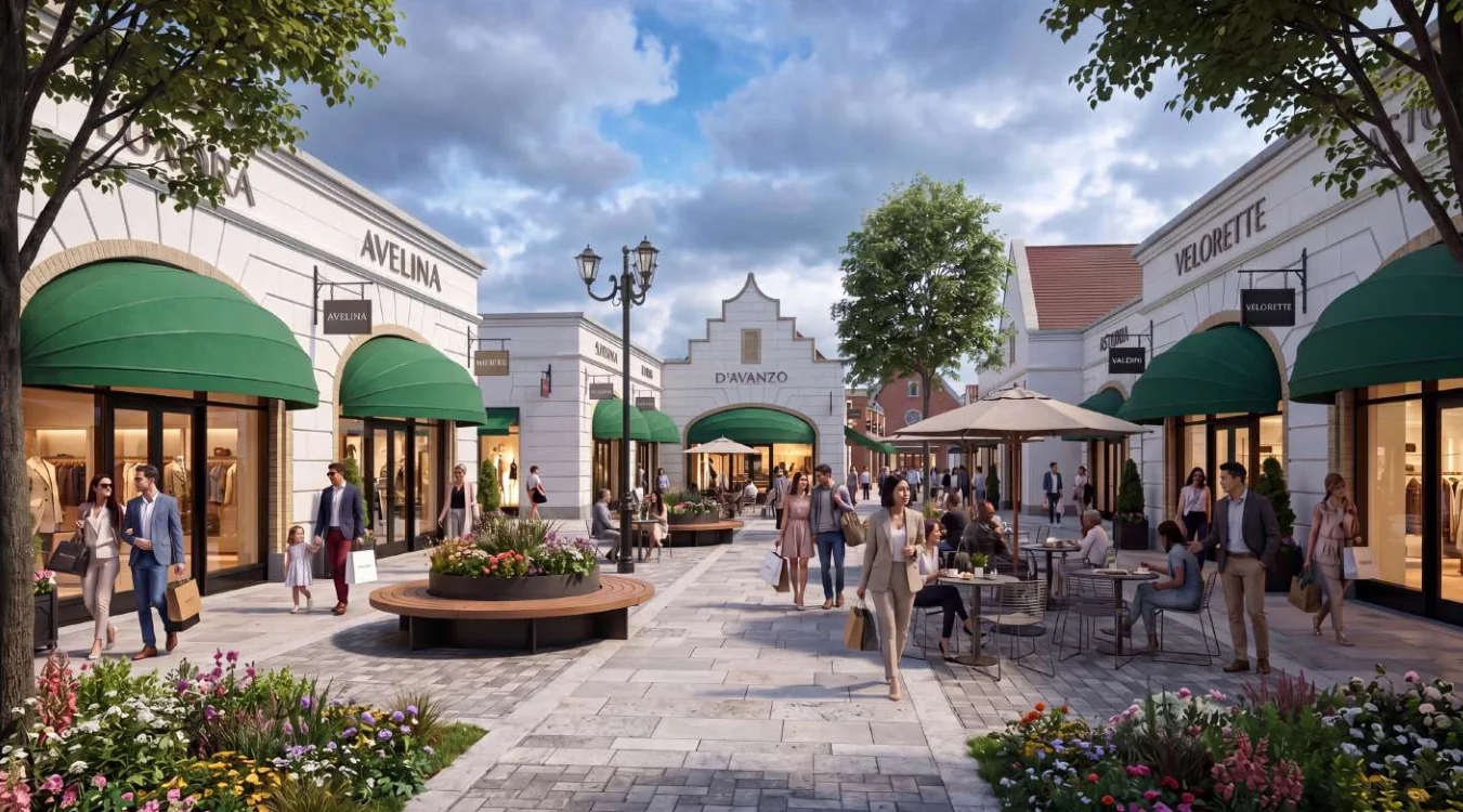 Proposed Grantham Designer Outlet Village main plaza with shops, landscaped seating and outdoor dining