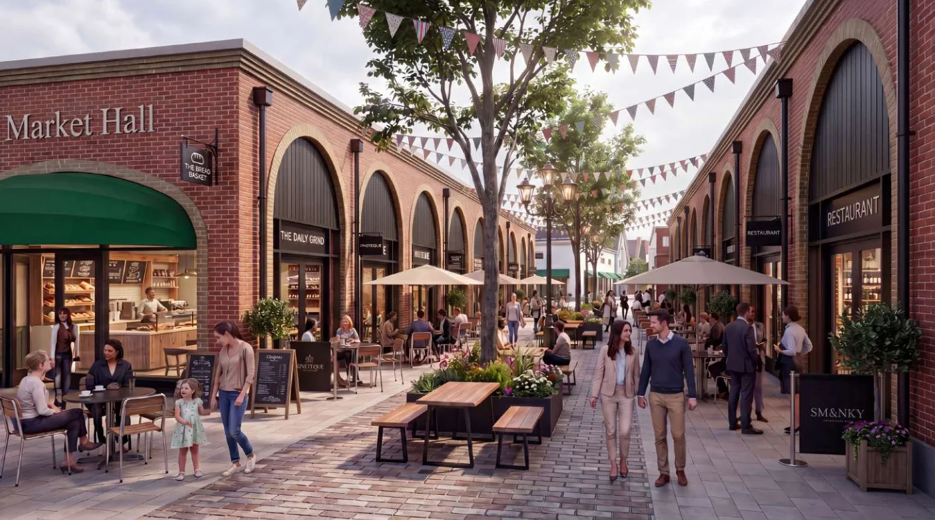 Architectural visualisation of Grantham Designer Outlet Village’s market hall and stables with outdoor dining