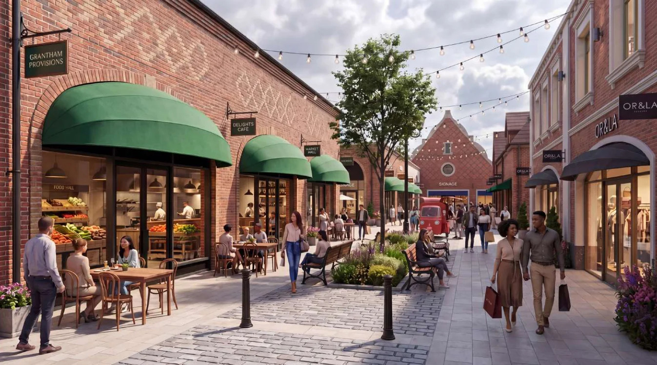 Architectural visualisation of a Grantham outlet village pedestrian street with brick shopfronts and café seating