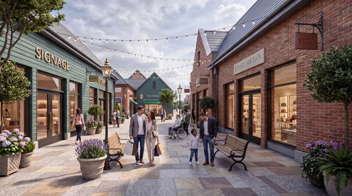 Proposed second retail street at Grantham Designer Outlet Village with brick buildings, planting and pedestrian seating